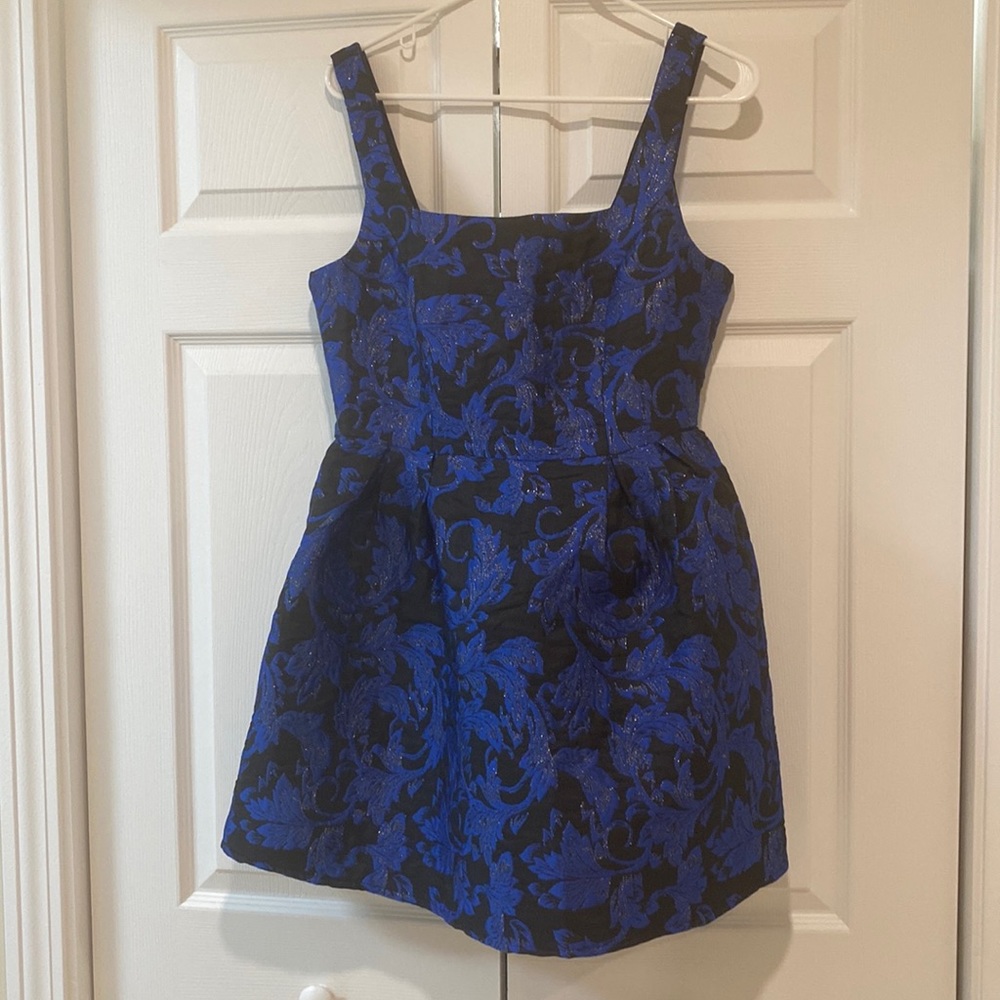 Lulu’s Crush Blue and Black Jacquard Print Skater Dress, Medium